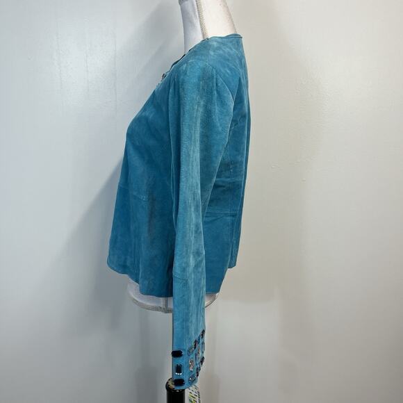 Karen Arnold Jacket Blazer size Large Aqua Agean Green Suede Leather Blue Jewels - Picture 6 of 8